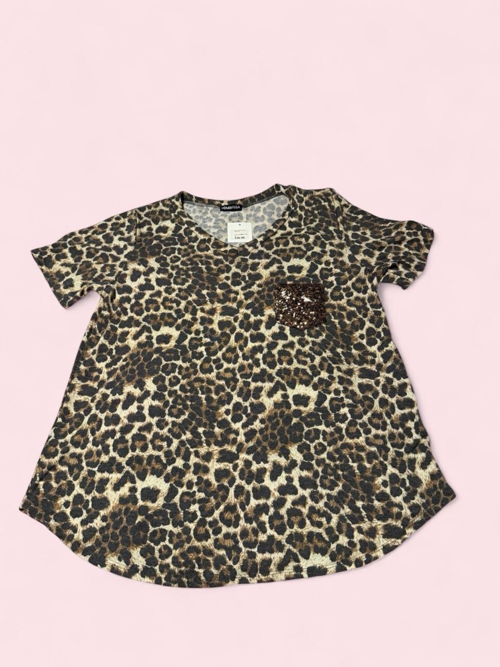 Leopard Print Short Sleeve Tee with Sequin Pocket - Brown